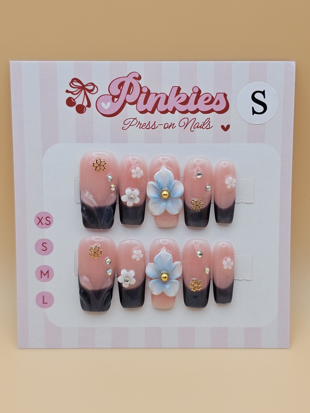 Press-on Nails Set 10pc Long Square Dark Navy Blue French Tips 3D Flowers Gems